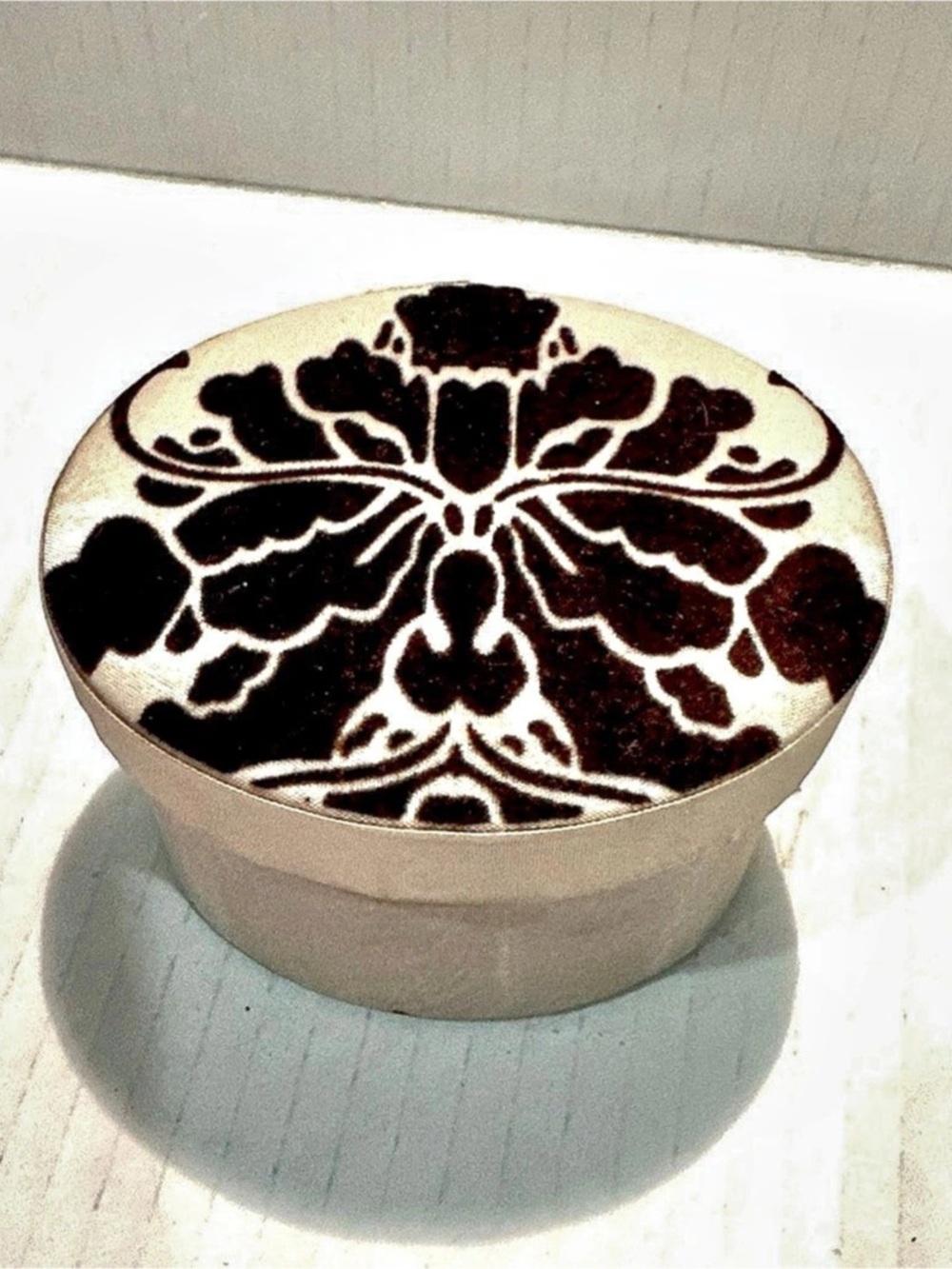 Floral Round Decorative Trinket Fabric Box Cream Black